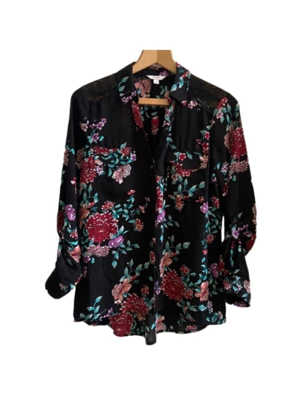 Candie's Black Floral Lace Long Sleeve Blouse Medium